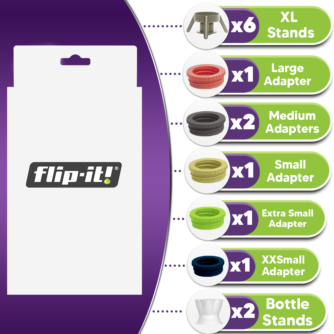 6 original systems plus 2 NEW bottle stands in one assortment! *Every Size & Style We Offer!* FREE set of 2 Nivea/Eucerin adapters with the purchase of our Flip-It! Super Set! - ONLY AVAILABLE at flipitcap.com | Free Adapters Not on Amazon